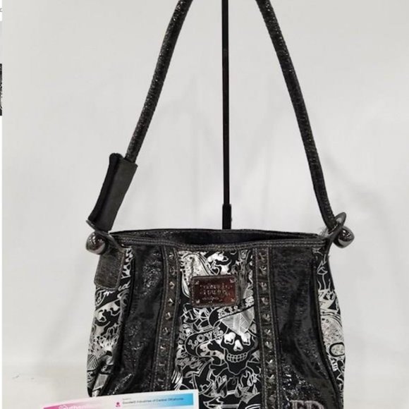 Ed Hardy Black & Silver Patent Leather Shoulder Bag Regualer Medium Size Bag - Picture 9 of 9
